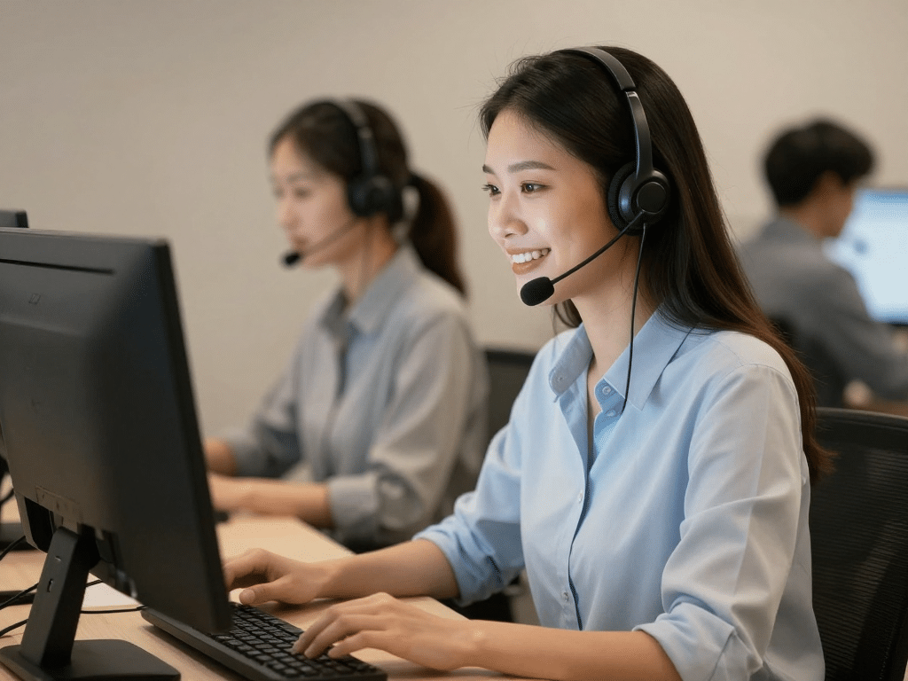 Nhân Viên Cskh Đeo Tai Nghe Hỗ Trợ Khách Hàng Thủ Công Qua Chat Trên Máy Tính Trong Trung Tâm Hỗ Trợ Hiện Đại, Ánh Sáng Ấm Áp Nhân viên CSKH đeo tai nghe hỗ trợ khách hàng thủ công qua chat trên máy tính trong trung tâm hỗ trợ hiện đại, ánh sáng ấm áp
